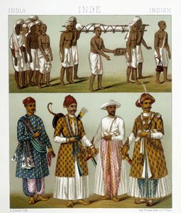 Begräbnis (oben) und Händler (unten) in Indien. Zeichnung in „Le costume historique“ von Racinet