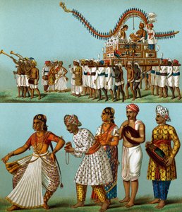 Indien, Paraden, Musik, Tänze, Lithographie aus Le Costume Historique, Band I