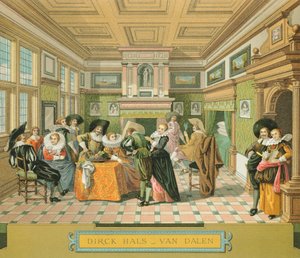 Innenraum eines niederländischen Adelswohnsitzes im 17. Jahrhundert, Illustration aus Die vollständige Kostümgeschichte von Auguste Racinet von Albert Charles August Racinet