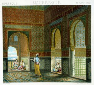 Innenraum eines maurischen Hauses (Alhambra, Raum des Segens). Chromolithographische Platte - in „Le costume historique“ von Racinet