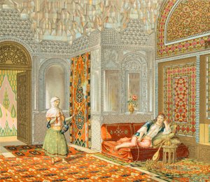 Innenraum eines persischen Zimmers, Illustration aus Complete Costume History von Auguste Racinet von Albert Charles August Racinet
