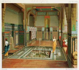 Innenraum eines reichen Hauses in Kairo, Illustration aus Complete Costume History von Auguste Racinet von Albert Charles August Racinet