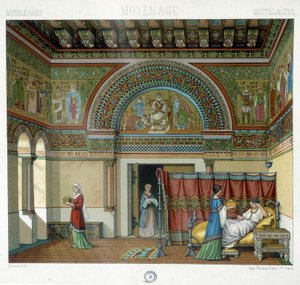 Innenraum eines herrschaftlichen Hauses im Mittelalter - in „The historical costume“ von Racinet von Albert Charles August Racinet