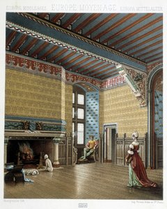 Innenraum eines herrschaftlichen Wohnsitzes im Mittelalter - in „The historical costume“ von Racinet