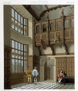 Innenraum eines herrschaftlichen Hauses in England im 18. Jahrhundert. Illustration in „Le costume historique“ von Racinet von Albert Charles August Racinet