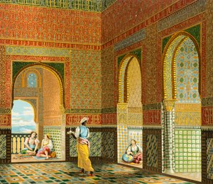 Innenraum einer wohlhabenden maurischen Wohnung, Illustration aus der vollständigen Kostümgeschichte von Auguste Racinet