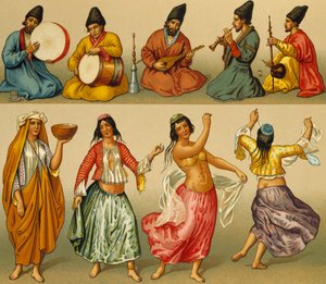 Musiker und Tänzer aus Persien, Lithographie von Dambourget, aus Le Costume historique (Komplette Kostümgeschichte), Band I