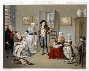 Musiker spielen ihre Instrumente für eine Familie im Haus. Illustration in „Le costume historique“ von Racinet
