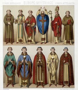 Religiöse Kostüme in Europa im Mittelalter. Illustration in „Le costume historique“ von Racinet