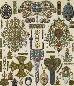 Schmuck des 17. Jahrhunderts, Lithographie von Schmidt veröffentlicht in Le costume historique, Band V