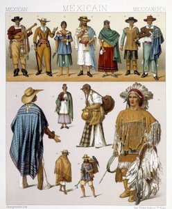 Traditionelle mexikanische Kostüme. Illustration in „Le costume historique“ von Racinet