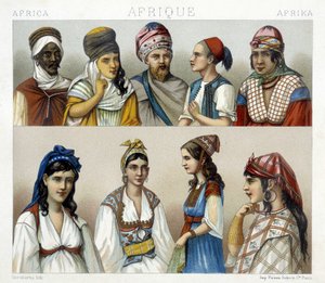 Traditionelle Kostüme und Kopfbedeckungen von Männern und Frauen in Algerien. Illustration in „Le costume historique“ von Racinet