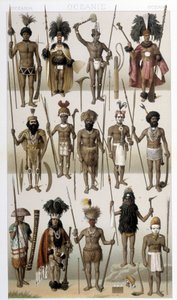 Traditionelle Kostüme der indigenen Völker Ozeaniens. Illustration in „Le costume historique“ von Racinet