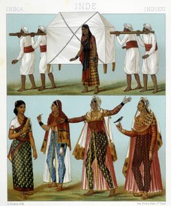 Transport und traditionelle weibliche Kostüme. Illustration in „Le costume historique“ von Racinet