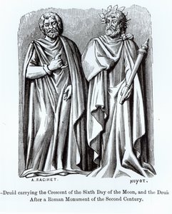 Zwei Druiden, einer trägt den Halbmond des sechsten Tages des Mondes, nach einem römischen Denkmal des zweiten Jahrhunderts, Illustration aus Wissenschaft und Literatur im Mittelalter und der Renaissance, geschrieben von Paul Lacroix von Albert Charles August Racinet