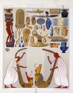 Verschiedene antike Objekte aus Ägypten - in „Das historische Kostüm“ von Racinet von Albert Charles August Racinet