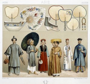Verschiedene Frauenkostüme in China: Fächer, Schuhe... - in „The historical costume“ von Racinet