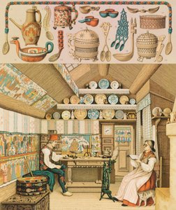 Holzhaus in Schweden, Illustration aus Die vollständige Kostümgeschichte von Auguste Racinet von Albert Charles August Racinet