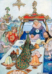 Der Sultan saß am ersten Tisch und aß mit seiner Tochter. Aladdin und der Großwesir ... von Albert Edward Jackson
