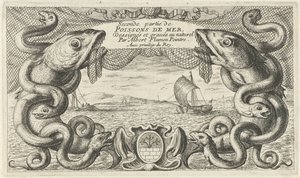 Meeresansicht mit Rand aus Meerestieren und einem Fischernetz von Albert Flamen