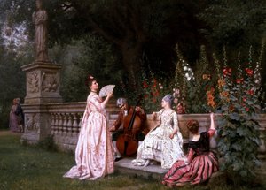 Gespräch im Garten. Drei Frauen in der Nähe einer Balustrade hören der Musik eines Cellisten zu, während im Hintergrund ein Paar miteinander spricht (Verführung). Sammlung Privée von Albert Girard