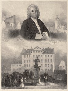 Porträt von Johann Sebastian Bach, Bachs Denkmal und die Thomaskirche und -schule in Leipzig, ca. 1860 von Albert Henry Payne