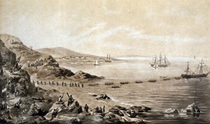 Installation des ersten transatlantischen Telegraphenkabels zwischen Irland und Kanada (1857) Gravur von Albert Kruger ca. 1870