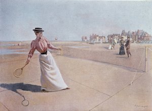 Amateur-Tennismatch am Strand - Zeichnung von Lynch, 20. Jahrhundert von Albert Lynch