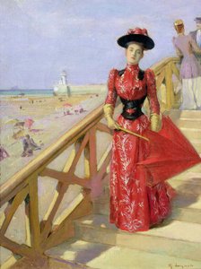 Frau geht die Stufen hinunter zum Strand von Albert Lynch