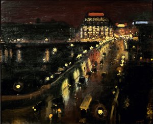 Die Pont Neuf in Paris bei Nacht, die Samaritaine im Hintergrund beleuchtet von Albert Marquet