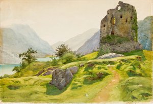 Berglandschaft mit Ruine von Albert Nikolaevich Benois