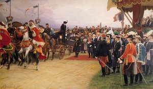Präsident Emile Loubet (1838-1929) begrüßt Zar Nikolaus II. (1868-1917) und Zarin Alexandra (1872-1918) im Lager von Betheny, 21. September 1901, r. 1905