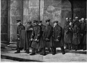 Das Begräbnis eines Behinderten. Französische Soldaten tragen den Sarg eines Soldaten während seiner Beerdigung in der Kirche der Soldaten (Saint Louis des Invalides) in Paris. Gravur nach dem Gemälde von Albert Pierre Dawant (1852-1923) in „The Illustrous