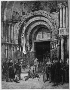 Friedrich Barbarossa zu Füßen des Papstes. Kaiser Friedrich I. von Hohenstaufen (1122-1190) verneigt sich vor Papst Alexander III. (1105-1181), der ihn unter dem Tor von St. Markus (San Marco) in Venedig im Jahr 1177 erwartet. Gravur nach einem Gemälde von