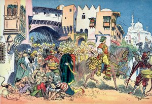 Aladdin reitet durch die Straßen der Stadt und wirft Geld um sich, Illustration von Albert Robida für das Märchen „Aladin und die Wunderlampe“ in „Tausendundeine Nacht“