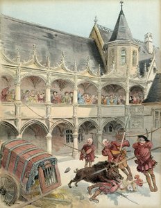 Das Wildschwein von Amboise. Während der Feierlichkeiten nach der Thronbesteigung von König Franz I. (1494-1547) im Jahr 1515, brach ein wildes Schwein in den Hof des Schlosses von Amboise ein, zerstörte eine Barrikade und stieg die Treppe hinauf. Der Köni von Albert Robida