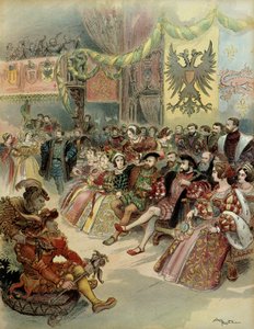 Ball am Hof des Königs von Frankreich, Franz I. (1494-1547), in Anwesenheit von Karl V. (1500-1558), König von Spanien und Kaiser des Heiligen Römischen Reiches Deutscher Nation, im Schloss von Fontainebleau, im Jahr 1539. Illustration von Albert Robida