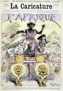 Karikatur über den Kolonialismus in Afrika „Großes Auspacken afrikanischer Kolonialneuheiten, wählen Sie! Ein ganzer Kontinent zu teilen, große Gelegenheiten, Scheiben von Kongo, Stücke von Guinea“ von Robida - in „La Caricature“ vom 05.02.1887