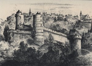 Schloss von Fougères - Festung im Departement Ille-et-Vilaine. Altes Frankreich - Bretagne - Text, Zeichnungen und Lithographien von Albert Robida (1848-1926) undatiert Ende 19. Jahrhundert