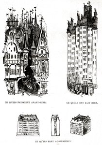 Kritik an der Hässlichkeit moderner Bauwerke in Paris mit der Architektur der Vergangenheit, Gegenwart und Zukunft von Albert Robida