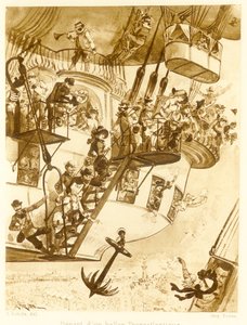 Abfahrt eines transatlantischen Ballons, aus Le Vingtieme Siecle, veröffentlicht 1883, Lithographie, 1883 von Albert Robida