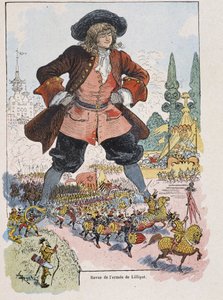 Gulliver bei der Lilliput-Armeeparade - in „Gullivers Reisen“ von Swift, ill. von Robida
