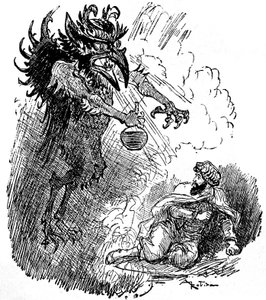 Illustration von Albert Robida (1848-1926) einer arabischen Legende (1001 Nacht) (Geschichten aus Tausendundeiner Nacht): ein schrecklicher Dämon (böser Geist) präsentiert einem Mann eine Flasche Wein. Gravur aus dem Buch „Choix de lectures“ Armand Colin 1 von Albert Robida