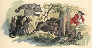 Illustration von Albert Robida in „Geschichte und Abenteuer des Baron von Münchhausen“, H. Laurens Ed., Ende des 19. Jahrhunderts.