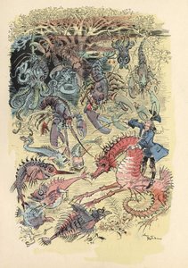 Illustration von Albert Robida in „Geschichte und Abenteuer des Baron von Münchhausen“, H. Laurens Ed., Ende des 19. Jahrhunderts.