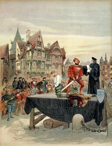 Jean de Poitiers, Seigneur von Saint Vallier (ca. 1475-1539), Hauptmann der Wachen von Charles de Bourbon (1489-1537), wurde 1524 auf dem Schafott begnadigt. Illustration von Albert Robida