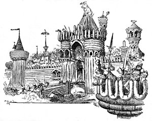 La Cite des Angouiles. Die Stadtmauern bestehen aus Stücken von Aufschnitt (Wurst, Pudding), ein riesiges Schwein sitzt auf dem Dach eines Turms des Eingangstors. Illustration von Albert Robida (1848-1926) für eine Episode des Vierten Buches von Francois R