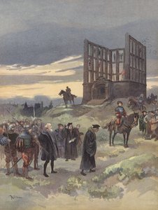 Der Superintendent Semblançay wird zum Tode verurteilt und steigt auf das Schafott von Montfaucon von Albert Robida