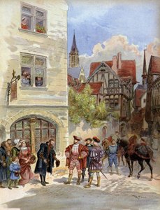 Literatur. Der Drucker Robert Estienne empfängt König Franz I. in seiner Druckerei, Paris. Illustration von A. Robida in: Franz I., von A. Toudouze, Frankreich