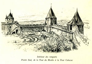 Mittelalterliche Stadt Carcassonne (Aude, Languedoc, Pays Cathare) - Inneres der Stadtmauern, Südspitze, vom Turm du Moulin bis zum Turm Cahuzac - Standort des Freilichttheaters - romantische Gravur von Albert Robida (1848-1926) in einem Buch, das zu Begin